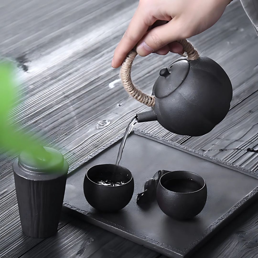 Japanese Black Pottery Wabi-sabi Tea Set