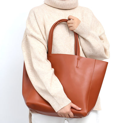 Large Beige Genuine Leather Tote Bag for Women