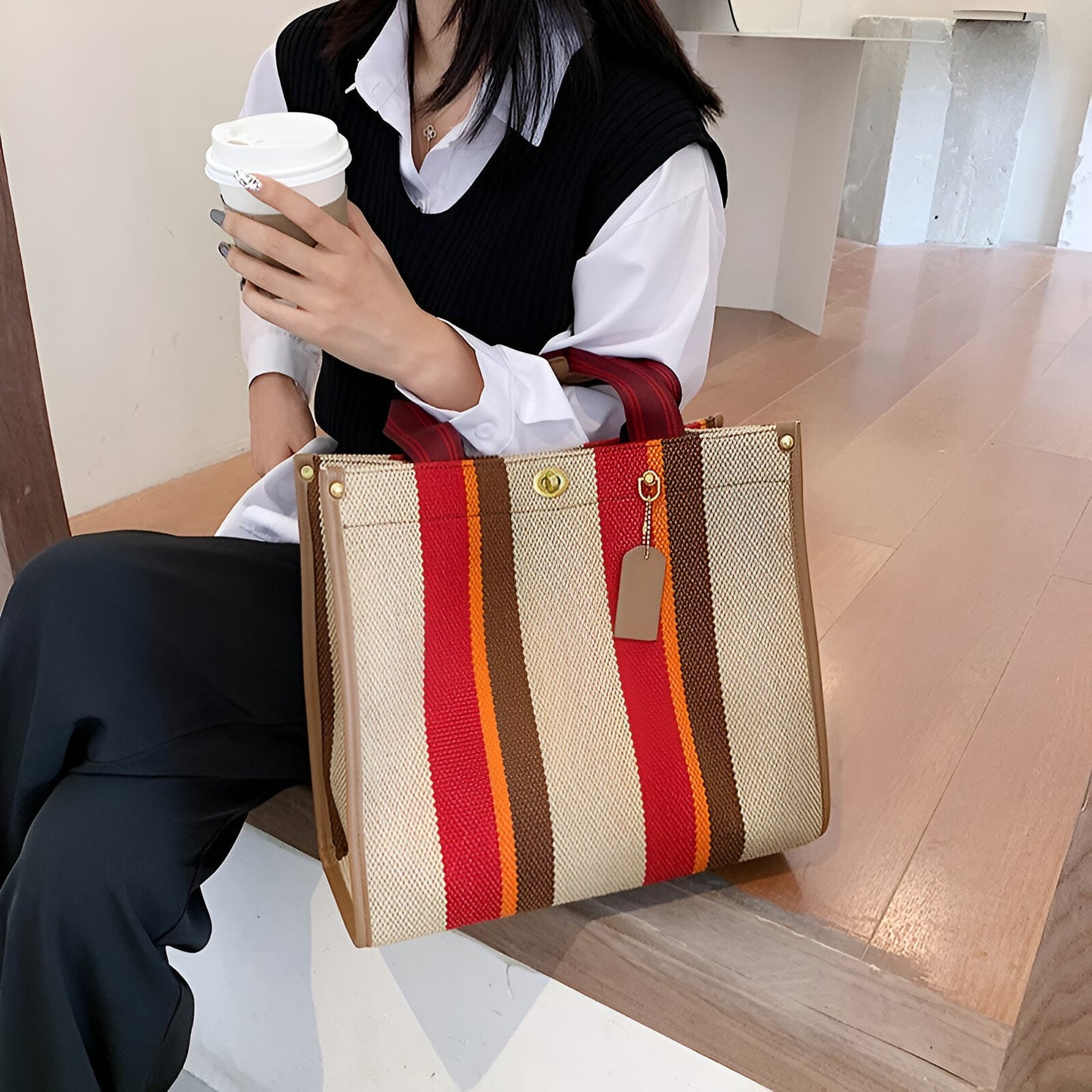 Women's Striped Canvas Handbag