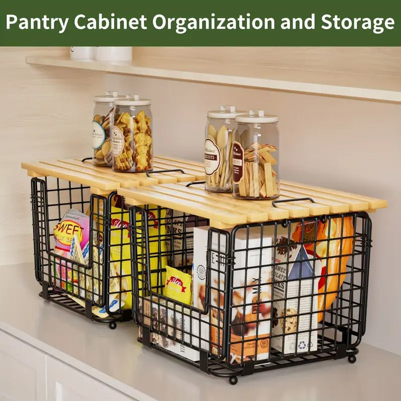 2 Set Stackable Wire Basket with Bamboo Top